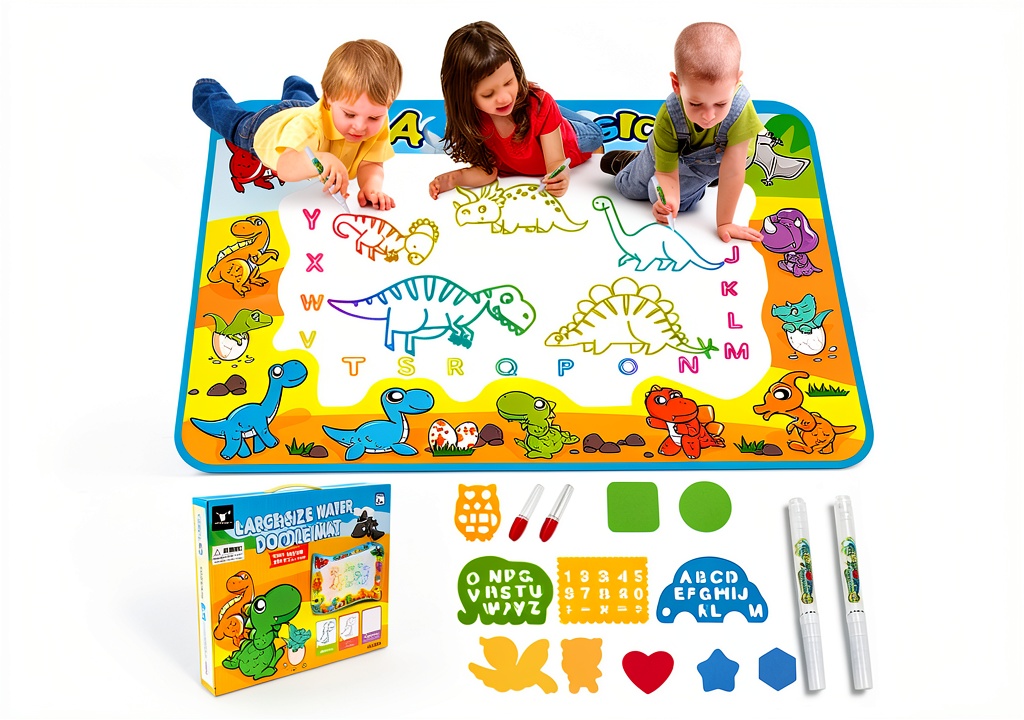 Installing FREE TO FLY Dinosaur Water Drawing Mat Reusable Kids Toy on a wooden desk
