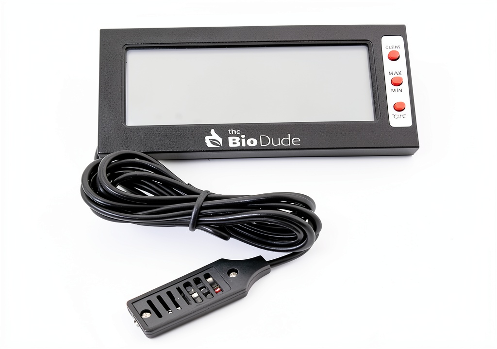 'The Bio Dude digital thermometer displaying temperature and humidity readings in a reptile terrarium'